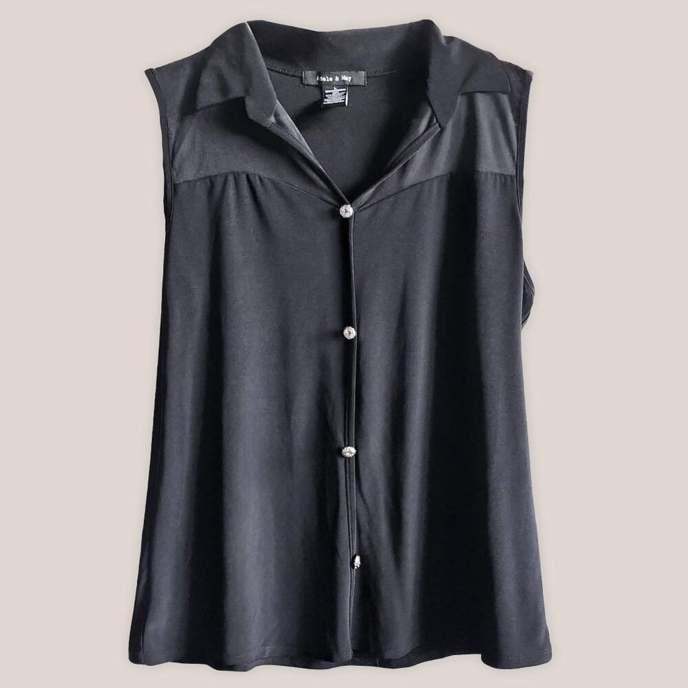 ADELE & MAY Black Sheer Collar and Button Top | Sleeveless Blouse Shirt